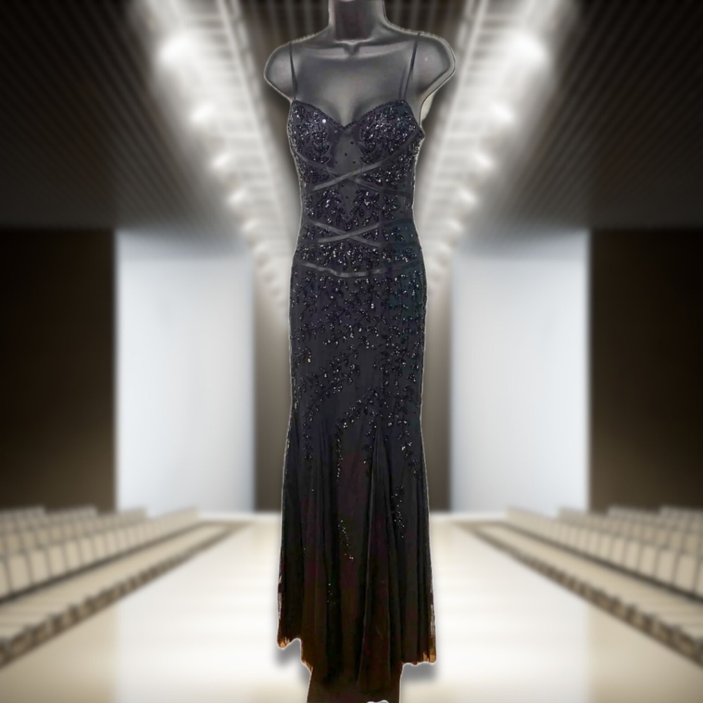 Caché Black Dress Gown Beaded Silk Ribbon Mesh Bodice Medium Drag Queen